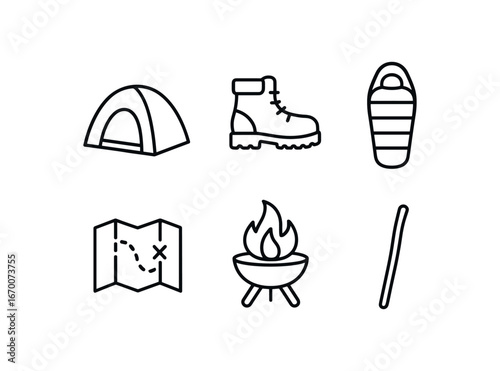 simple outline stroke icon isolated on white background: dome tent hiking boot sleeping bag fire pit trail map wood stick