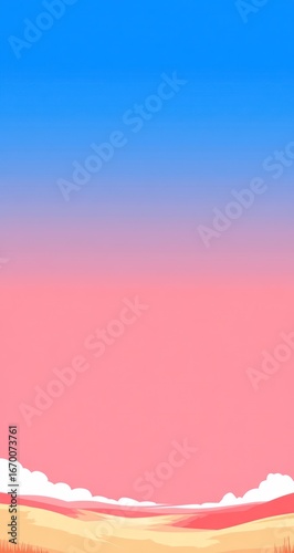 Vibrant desert landscape with bright blue sky fading into a rosy pink horizon above tan dunes and scattered clouds