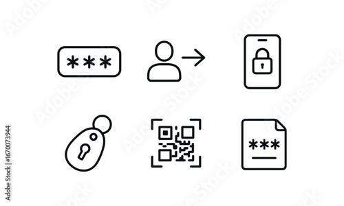 simple outline stroke icon isolated on white background: auth code login step phone lock key fob qr scan otp slip