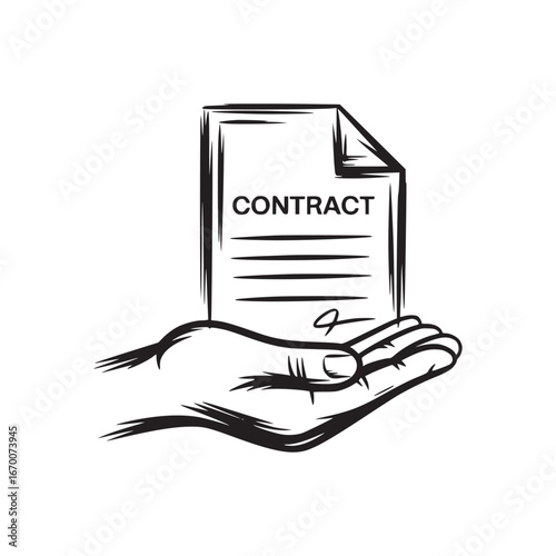 A hand holding a contract document with a signature on it in black and white line art style