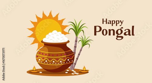 Pongal festive illustration with traditional rice pot and sugarcane