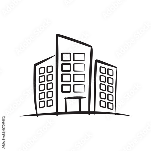 A simple black and white drawing of three buildings with many windows on a white background sketch style