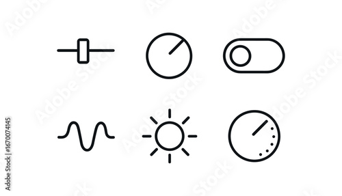 simple outline stroke icon isolated on white background: slider bar volume knob toggle switch equalizer line brightness sun adjust dial