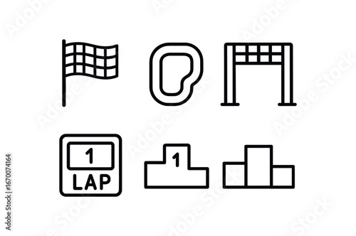 simple outline stroke icon isolated on white background: checkered flag pole mount race track finish line lap podium stand