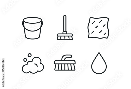 simple outline stroke icon isolated on white background: plastic bucket mop stick cleaning rag soapy foam floor brush water drop