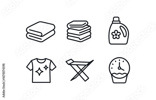 simple outline stroke icon isolated on white background: folded towel laundry pile fabric softener clean shirt drying rack wash timer