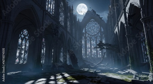 Ruined Gothic cathedral at night