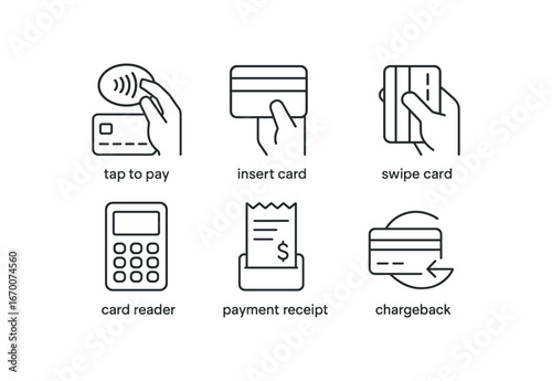 simple outline stroke icon isolated on white background: tap to pay insert card swipe card card reader payment receipt chargeback