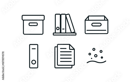 simple outline stroke icon isolated on white background: stored archive shelf row record box binder spine paper files dust line