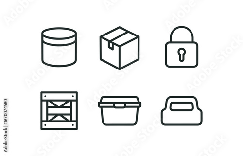 simple outline stroke icon isolated on white background: container shipping box lid lock crate lines storage symbol handle grip