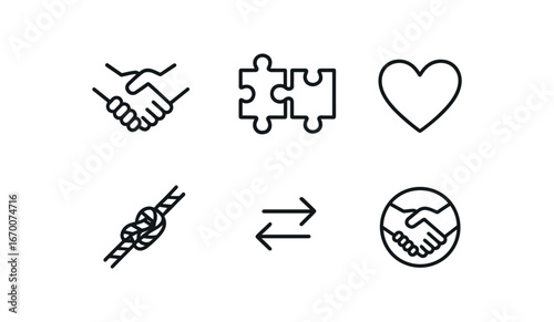 simple outline stroke icon isolated on white background: strong bond puzzle join heart mark tied rope arrow trust icon