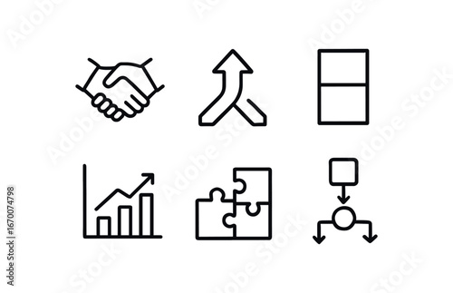 simple outline stroke icon isolated on white background: merger arrow join two blocks chart icon puzzle fit flow line