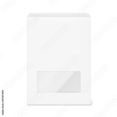 Universal mockup of blank paperboard box with transparent window. Vector illustration isolated on white background. Ready and simple to use for your design. EPS10.
