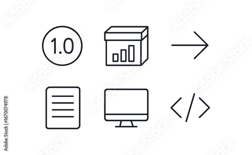 simple outline stroke icon isolated on white background: software version chart box arrow mark note lines screen page code icon