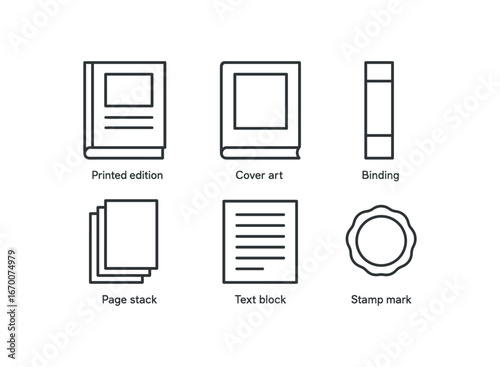 simple outline stroke icon isolated on white background: printed edition cover art binding spine page stack text stamp mark