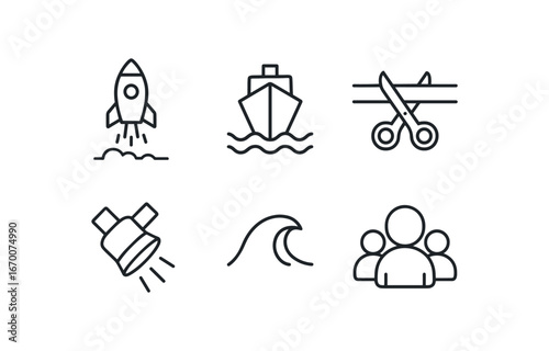 simple outline stroke icon isolated on white background: new launch ship bow wave crest ribbon cut spotlight crowd icon