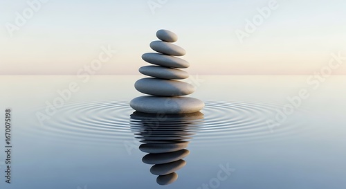 A serene stack of smooth stones rests on still water, reflecting a peaceful scene.