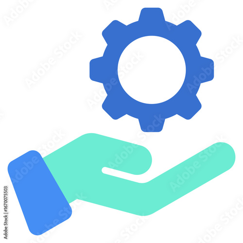 Technical Support Flat Green Blue Icon Design Vector - open hand holding a gear, representing technical support, system service, or process management assistance