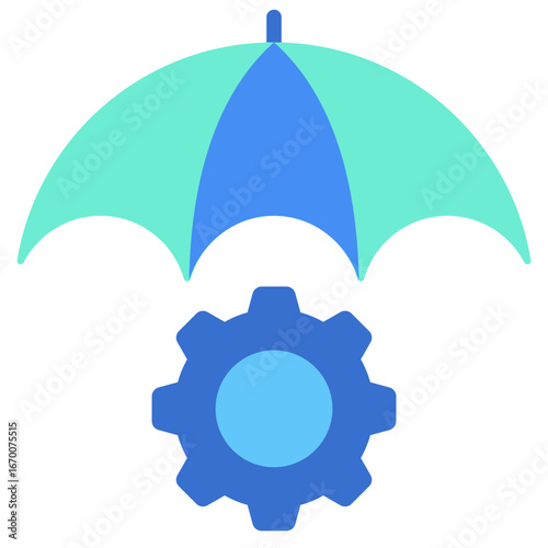 Umbrella Shield Flat Green Blue Icon Design Vector - Umbrella covering a gear, symbolizing operational protection and reliability