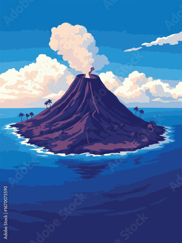 Active Volcano Eruption with Sunset Background