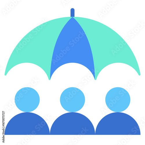 Group Protection Flat Green Blue Icon Design Vector - Umbrella covering three people, representing group protection, coverage, and safety