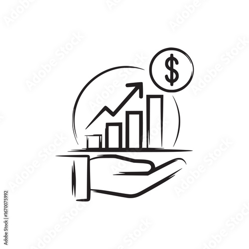 Hand holding a rising bar graph with an arrow and a dollar sign in a circle sketch style