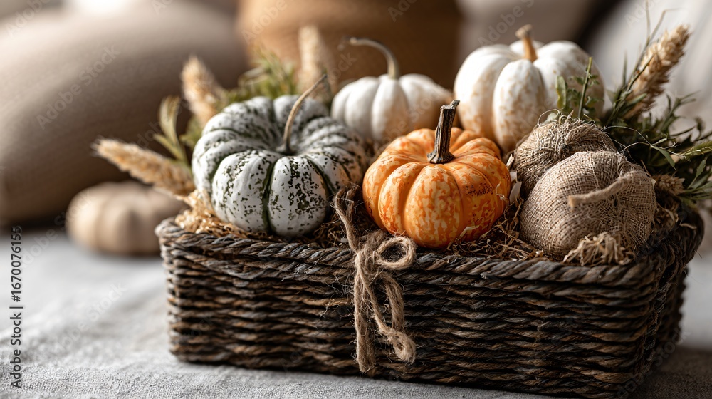 A holiday gift basket mockup with mini pumpkins and natural packaging