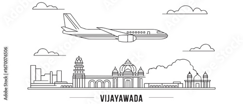 Vijayawada Line Art Skyline with India Plane. with white background