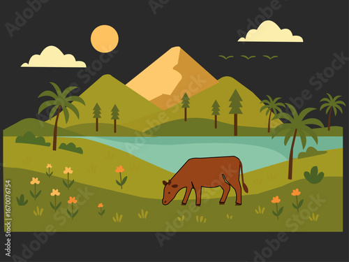 vector illustration of a farm Cow Farm Village Stock Illustrations
