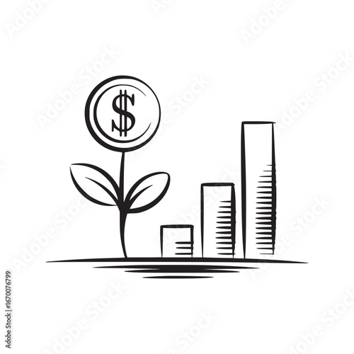 A drawing of a dollar coin growing like a plant next to increasing bar graph in black and white