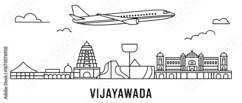 Vijayawada Line Art Skyline with India Plane. with white background