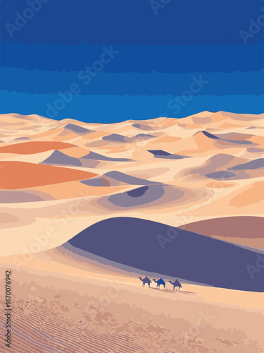 Desert camel caravan in dunes