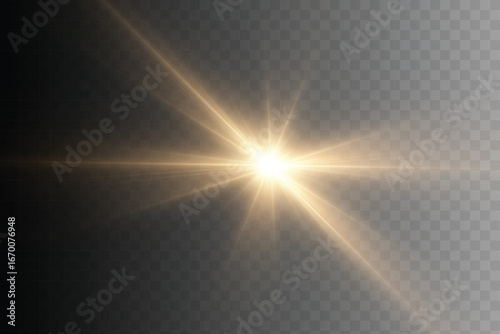 Bright golden glow with rays and highlights, flash of light with horizontal scattering of rays. Vector light effect on dark background.