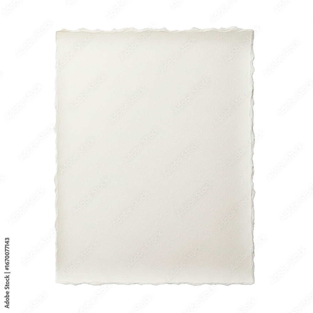Obraz premium Pristine, thick, creamy off-white handmade paper with fibrous texture, deckled edges, flat lay on transparent background, copy space, soft studio light. Concept of creative potential