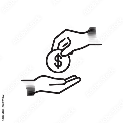 A hand giving a coin with a dollar sign to another hand in a black and white line drawing style