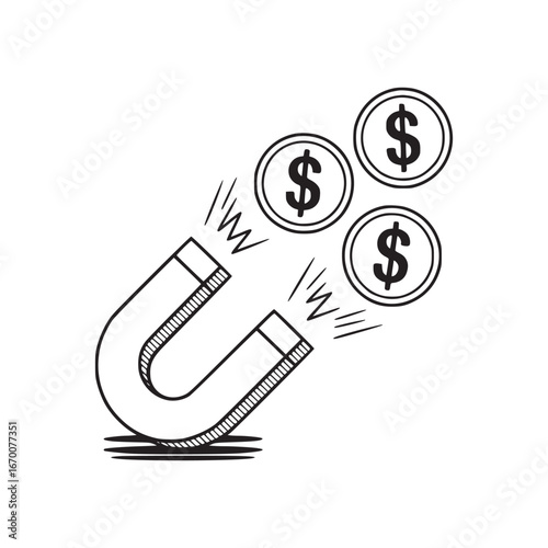 A simple line drawing of a magnet attracting three dollar coins on a white background illustration