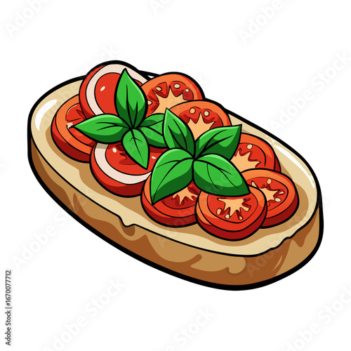 Delicious Italian Bruschetta Vector Illustration with Fresh Tomato, Basil, Olive Oil Toppings, Perfect for Food Menu, Recipe, and Culinary Designs
