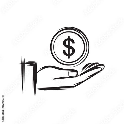 A stylized illustration of a hand holding a coin with a dollar sign on a white background art