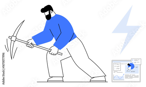 Man using pickaxe, extracting resources symbolizing data mining near analytics chart and lightning icon. Ideal for tech concepts, data analysis, mining, hard work, innovation, technology operations