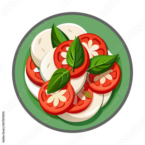 Fresh Caprese Salad Vector Illustration with Mozzarella Cheese Slices, Basil Leaves and Tomatoes in Minimalist Flat Food Design for Restaurant Branding