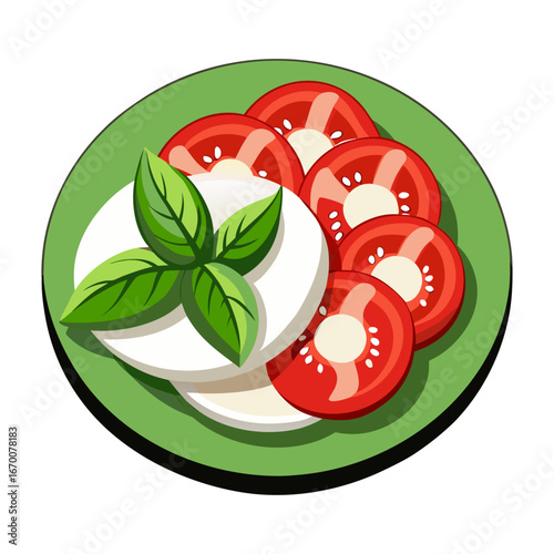 Fresh Caprese Salad Vector Illustration with Mozzarella Cheese Slices, Basil Leaves and Tomatoes in Minimalist Flat Food Design for Restaurant Branding