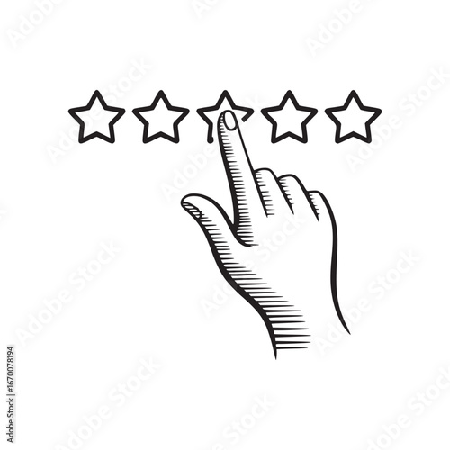 Hand touching a star in a row of five stars indicating a rating or feedback in a sketch style