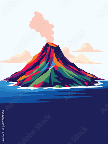 Active Volcano Eruption with Sunset Background