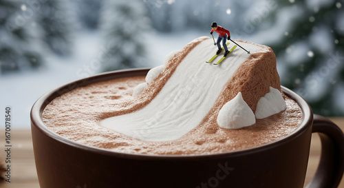 Miniature skier performing on hot chocolate mountain with marshmallows in winter setting