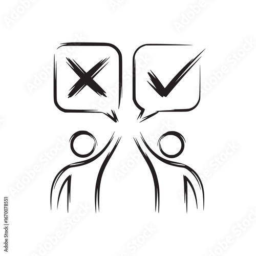 Two stick figures with speech bubbles showing a cross and a checkmark in black and white design