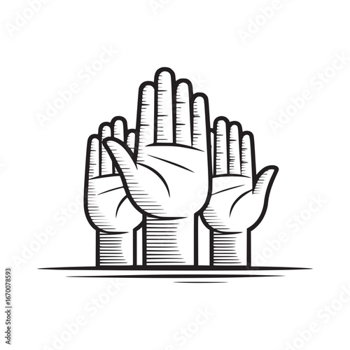 Three hands raised in a line with detailed line work in black and white simple illustration design