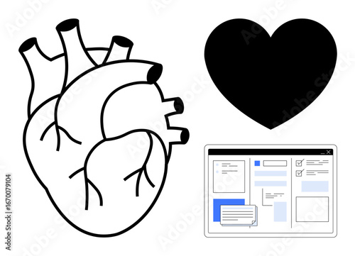 Anatomical heart illustration, a bold heart shape, and a browser-thumbs up interface for communication and organization. Ideal for health, anatomy, love, technology, biology, education connection