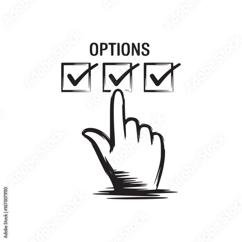 A hand pointing at three check boxes with the word options above them in a black and white image