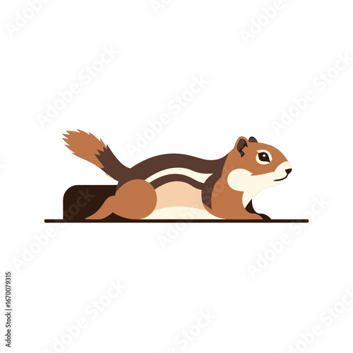 Resting Brown Chipmunk Lying on the Ground with Striped Fur Tail and Small Ears in White Isolated Background