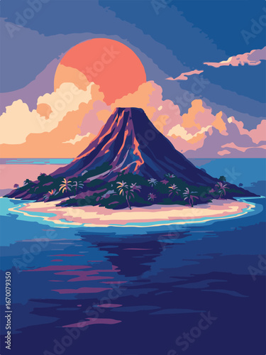 Active Volcano Eruption with Sunset Background